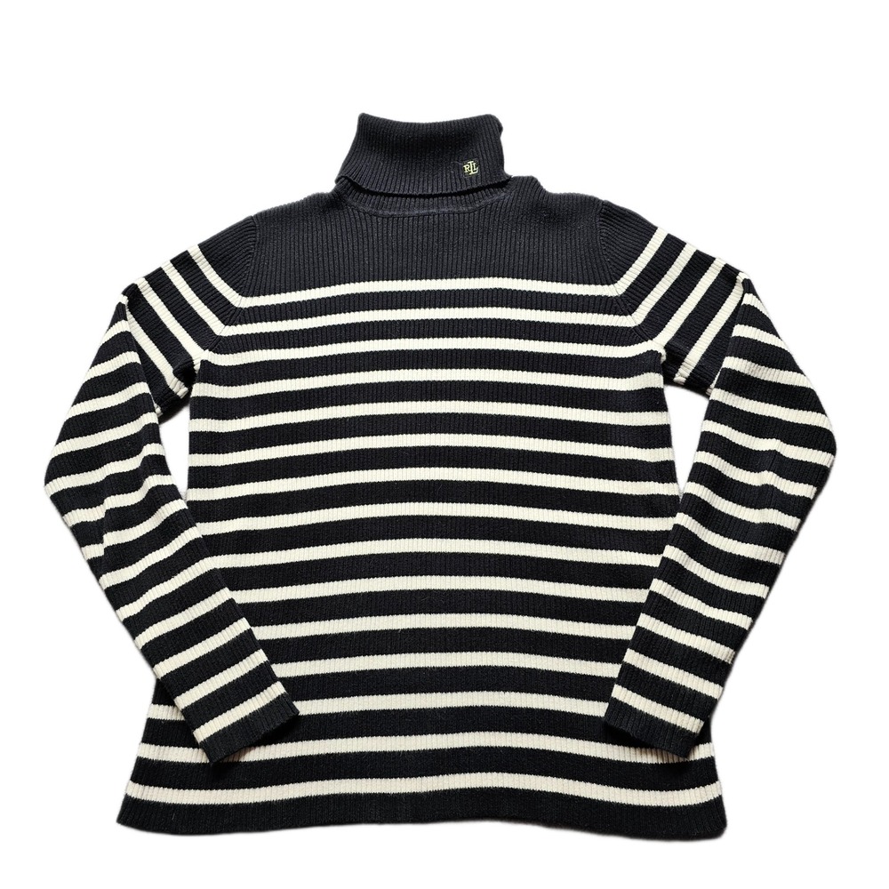 Ralph Lauren Sweater Womens P Black White Knit Striped Polo Neck Long Sleeve